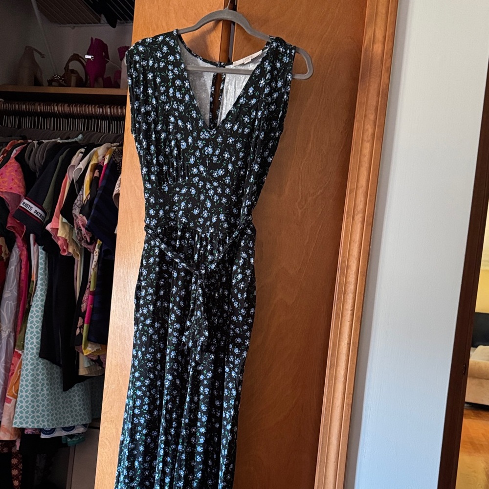 LOFT Black jumpsuit with Blue Floral Pattern and pockets